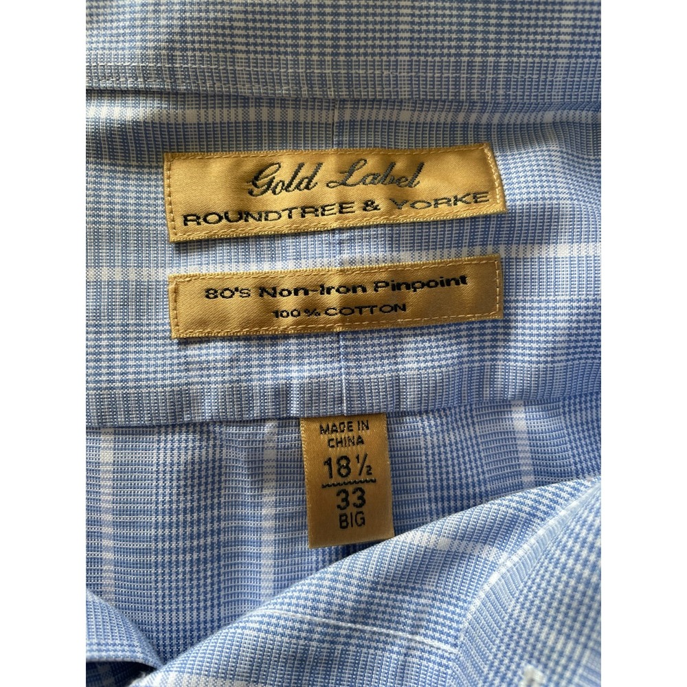 Roundtree & Yorke Gold Label Men's Shirt Long Sleeves Blue/White Plaid 18.5 Big - Picture 6 of 6
